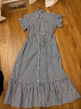 J. Crew Navy and White Striped Maxi Shirt Dress with Tie Waist